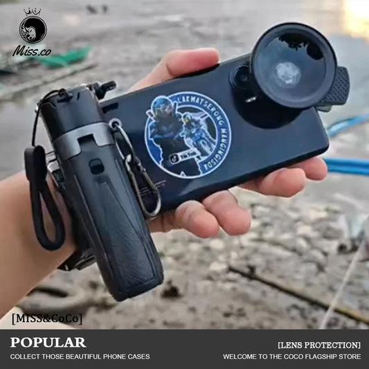 Hand holding a phone case with lens protection attachment, featuring a brand logo. Lightweight magnetic selfie stick tripod, extendable, remote controlled, compatible with MagSafe iPhones & Androids. Perfect for creators & travel.