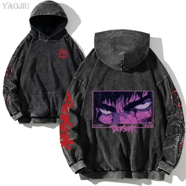 Anime hoodie plus size, gothic Harajuku, manga sweatshirt, washed denim, hip hop vintage, black pullover, Y2K streetwear.