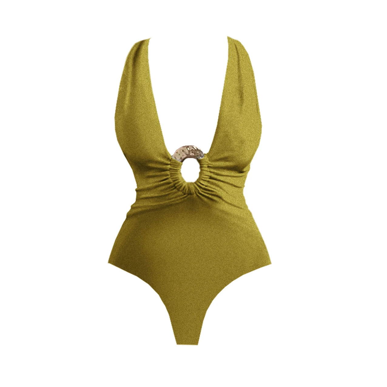 Green swimsuit with a unique design on a white background. Women’s 2-piece deep V swimsuit with long skirt, adjustable straps, solid color, beachwear, comfortable polyester/spandex fabric, flattering fit.