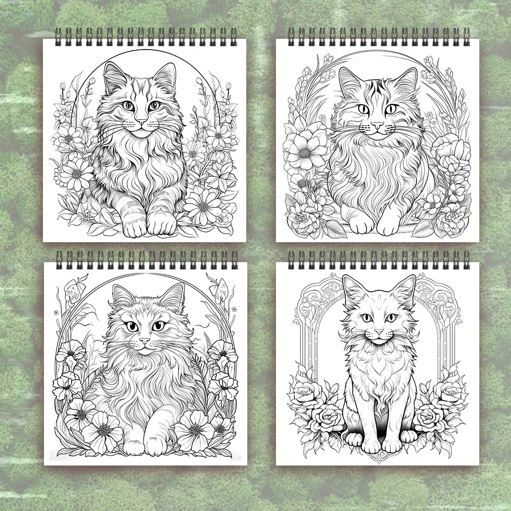 Four spiral-bound coloring books with cat illustrations on a green textured background. Adult women's spiral coloring book with 30 sheets, 8.3x8.3 inches, ideal gift for birthday or holiday party, creative drawing, UK FTF Market.