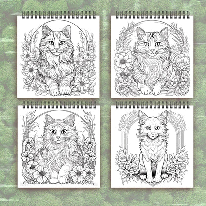 Four spiral-bound coloring books with cat illustrations on a green textured background. Adult women's spiral coloring book with 30 sheets, 8.3x8.3 inches, ideal gift for birthday or holiday party, creative drawing, UK FTF Market.