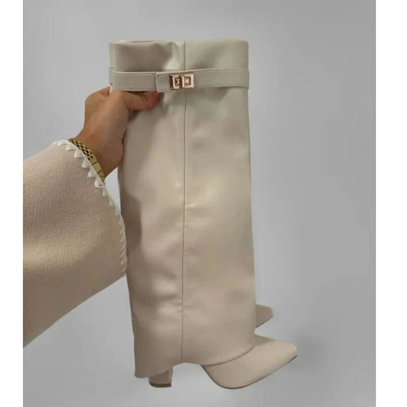 White PU high boots buckle block heel women FTF Market UK