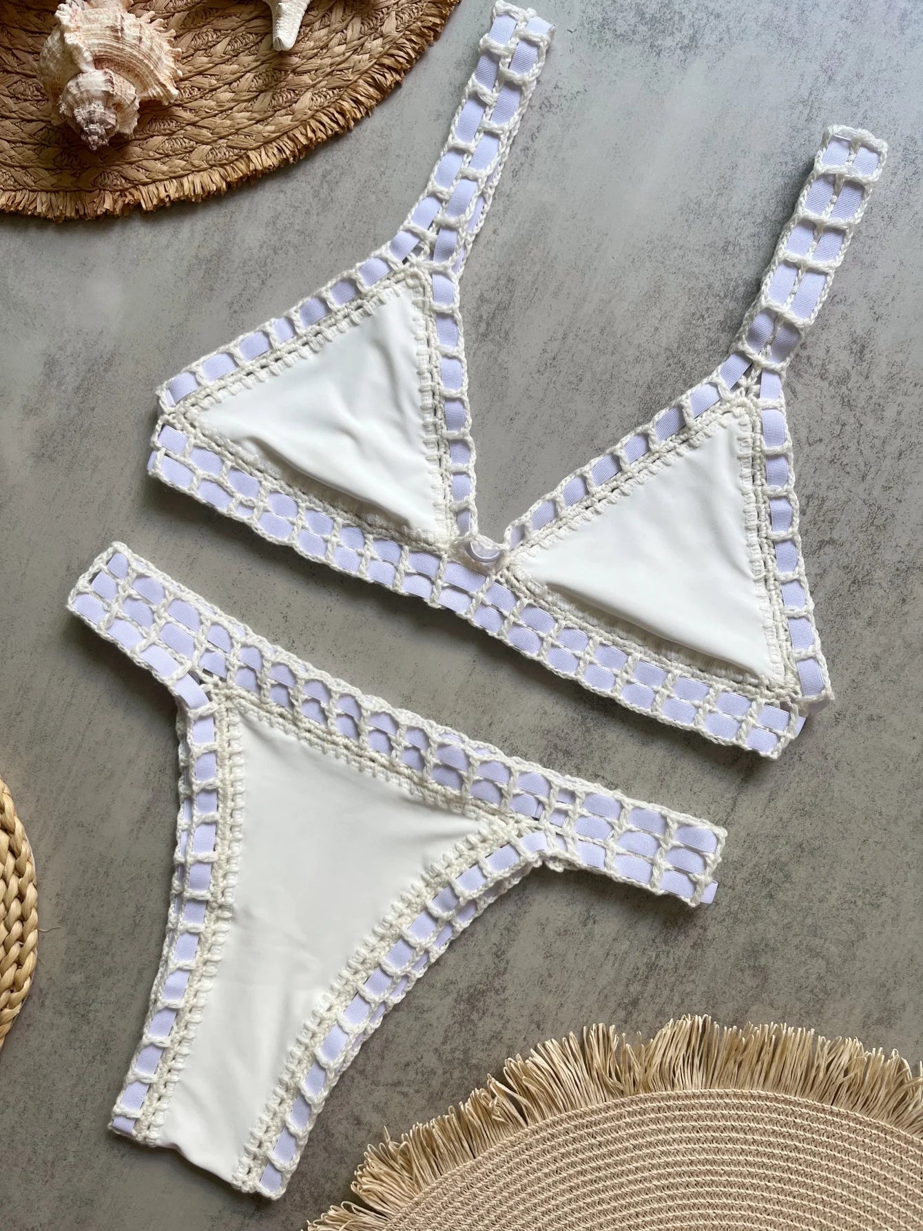 White grey crochet bandeau bikini set flat lay — women beachwear
