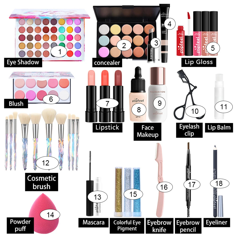 Collection of makeup products with labels on a white background. POPFEL all-in-one makeup kit with eyeshadow, eyeliner, eyebrow pencil, lip gloss. Full set for women’s flawless face makeup.