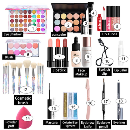 Collection of makeup products with labels on a white background. POPFEL all-in-one makeup kit with eyeshadow, eyeliner, eyebrow pencil, lip gloss. Full set for women’s flawless face makeup.