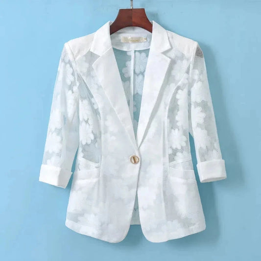 Floral embroidery blazer women white three-quarter sleeve single button cardigan