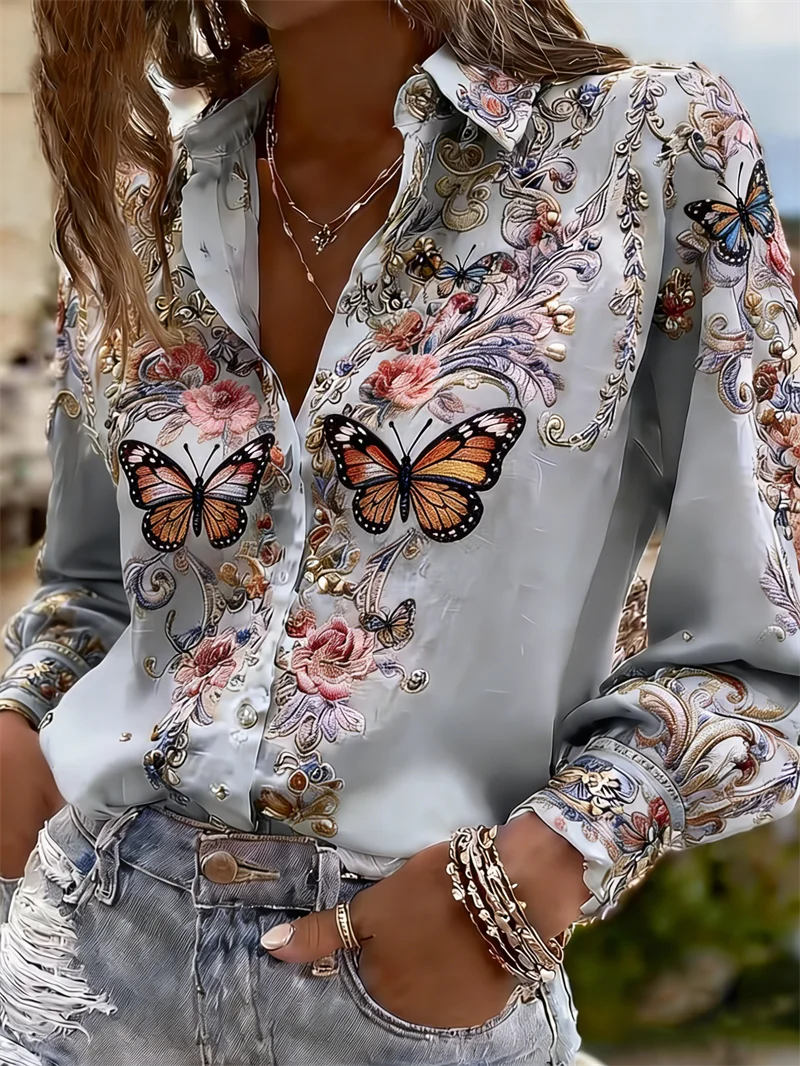 Butterfly floral print blouse women grey long sleeve floral button-down shirt
