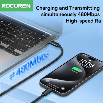 Laptop and smartphone with a charging cable, featuring ROCOREN branding and text about high-speed data transfer.240W RGB USB-C fast charging cable with LED indicator. CE, FCC, RoHS certified. Durable Type-C connectors. Max 5A current. Fast UK shipping.