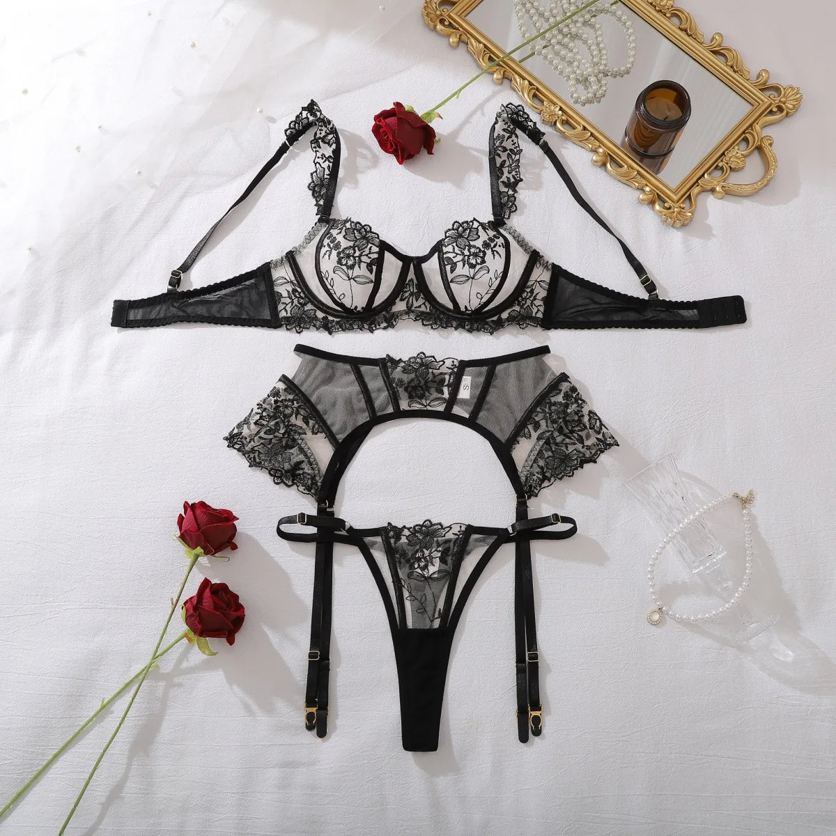 Floral embroidery lingerie set black – push up bra belt thong 3PC luxury editorial