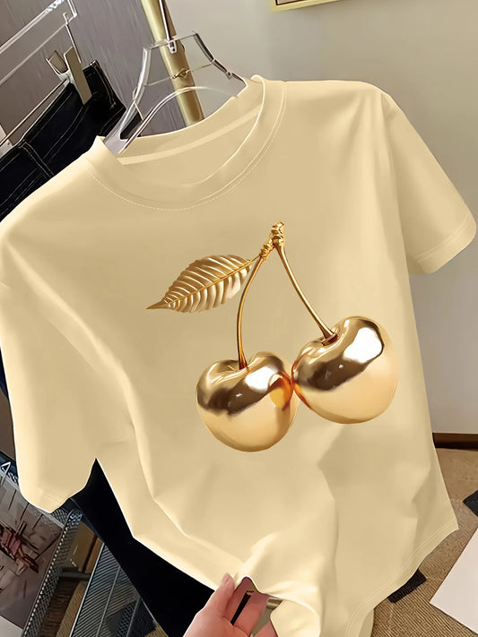 Women's khaki short sleeve t-shirt with gold metallic cherry print on hanger