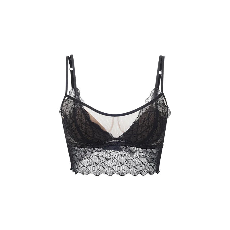 Black lace bra only — wire-free sheer mesh silk lining adjustable straps women UK