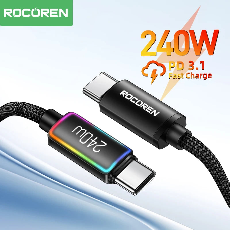 ROCUREN charging cable with 240W PD 3.1 fast charge text on a light blue background. 240W RGB USB-C fast charging cable with LED indicator. CE, FCC, RoHS certified. Durable Type-C connectors. Max 5A current. Fast UK shipping.