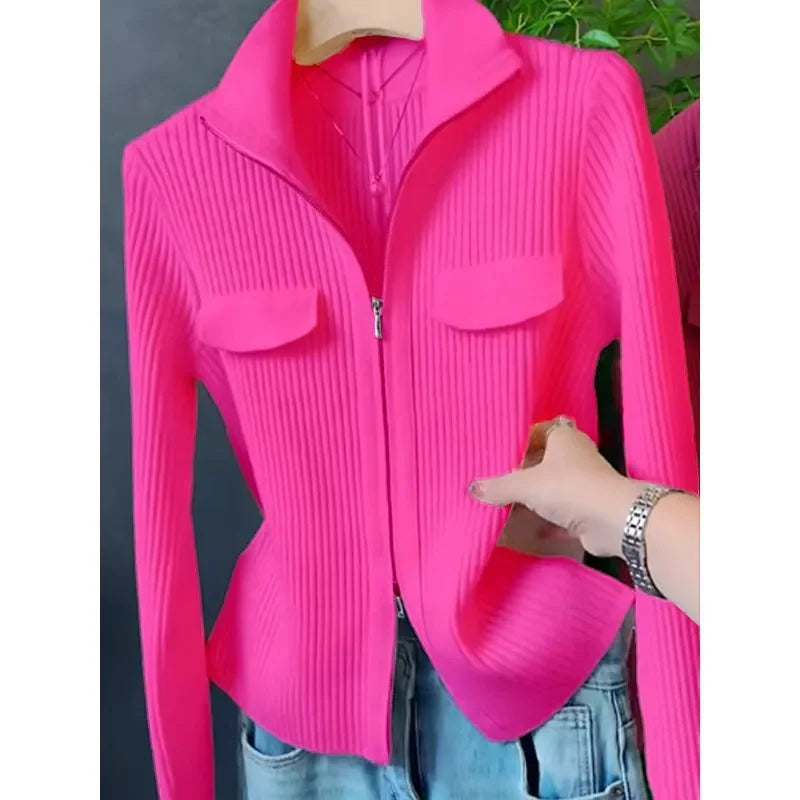 Zipper Short Knitted Cardigan – Versatile coat top, turn-down collar, solid color. Perfect for spring and autumn. Available on FTFmarket.net, fast delivery in the UK. Stay stylish with FTF Fashion and Mode FTF.