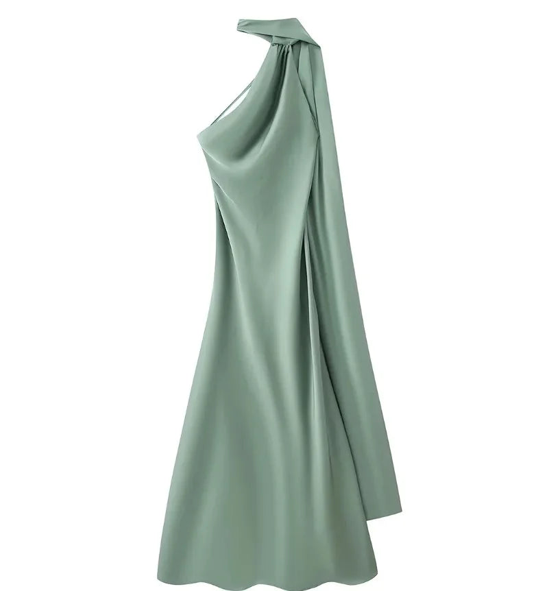 A sage green satin one-shoulder dress with a draped neckline and a flowing skirt, shown against a plain white background.