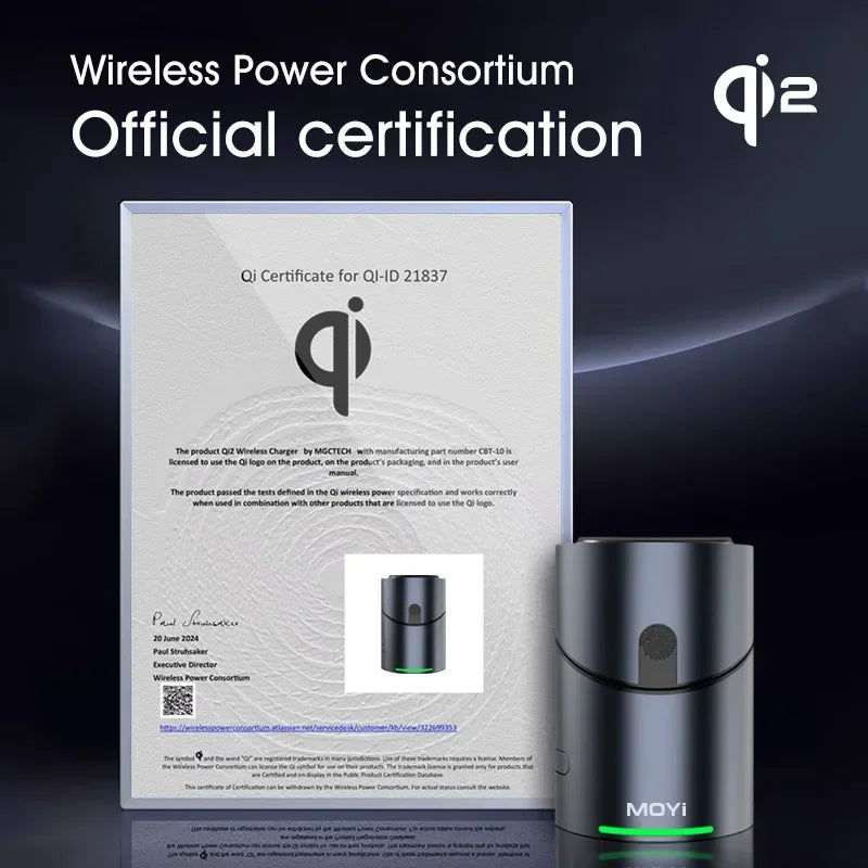 MOVI wireless charger with a certification certificate on a dark background. Qi2 3-in-1 Magsafe charger with 15W fast charging for iPhone, AirPods, Apple Watch. Magnetic, USB-C, intelligent FOD detection, UK shipping.