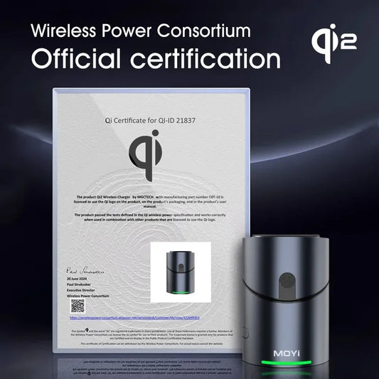 MOVI wireless charger with a certification certificate on a dark background. Qi2 3-in-1 Magsafe charger with 15W fast charging for iPhone, AirPods, Apple Watch. Magnetic, USB-C, intelligent FOD detection, UK shipping.