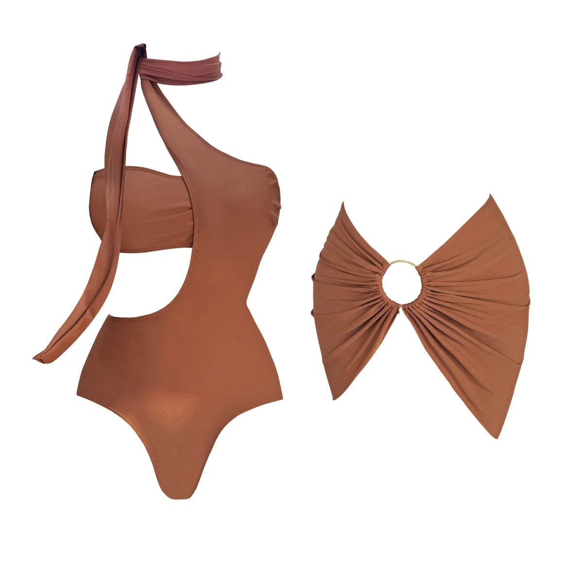 Brown swimsuit with a large bow detail on a white background. Women’s 2-piece deep V swimsuit with long skirt, adjustable straps, solid color, beachwear, comfortable polyester/spandex fabric, flattering fit.