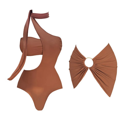 Brown swimsuit with a large bow detail on a white background. Women’s 2-piece deep V swimsuit with long skirt, adjustable straps, solid color, beachwear, comfortable polyester/spandex fabric, flattering fit.