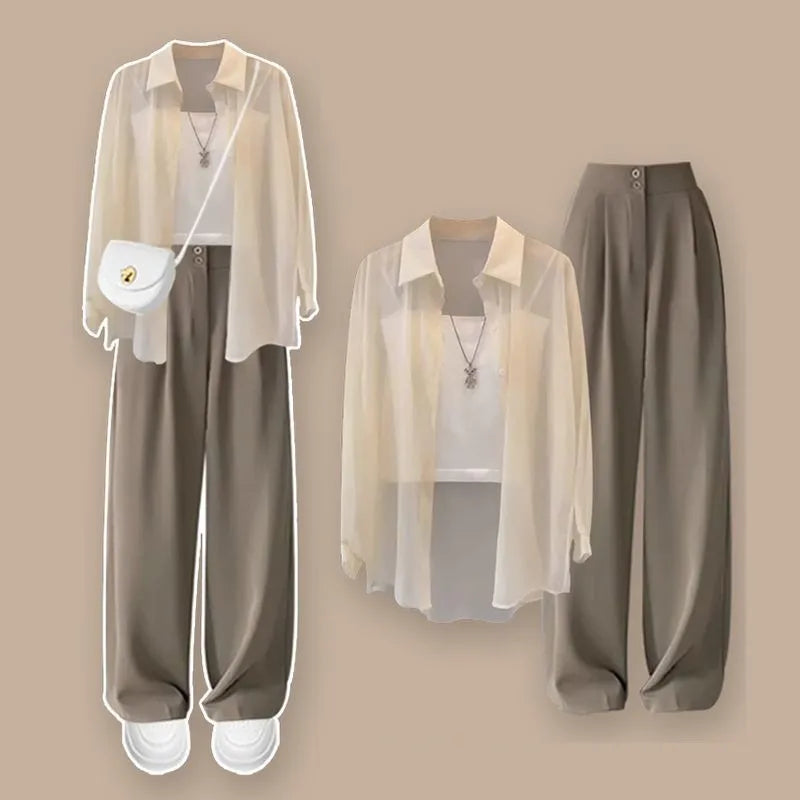 Two outfits with a sheer white top, beige cardigan, and gray pants on a beige background. Women’s 3-piece French style set: chiffon cardigan, sling shirt, high-waist wide leg pants. Chic, lightweight and sun-protective fashion for spring/summer.