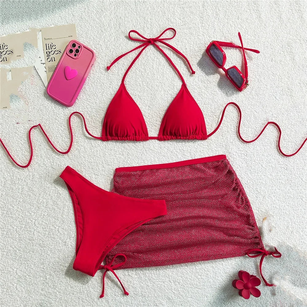 Red halter triangle bikini set with mesh skirt – Sexy swimwear women – FTF Market