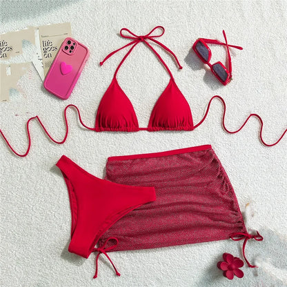 Red halter triangle bikini set with mesh skirt – Sexy swimwear women – FTF Market