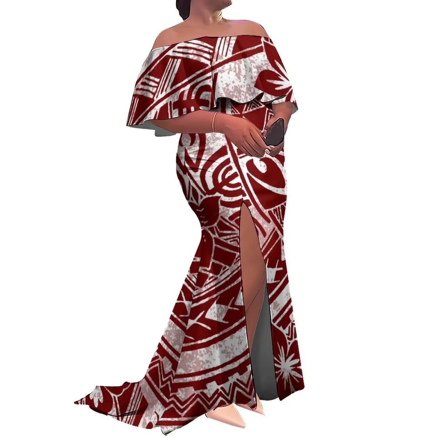 Red and white patterned off-shoulder dress with a slit on a white background