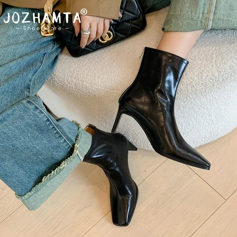 Women's Ankle Boots – Genuine leather, thick high heels, lace-up detailing, casual office wear, evening party dress booties. Available on FTFmarket.net, fast delivery in the UK.