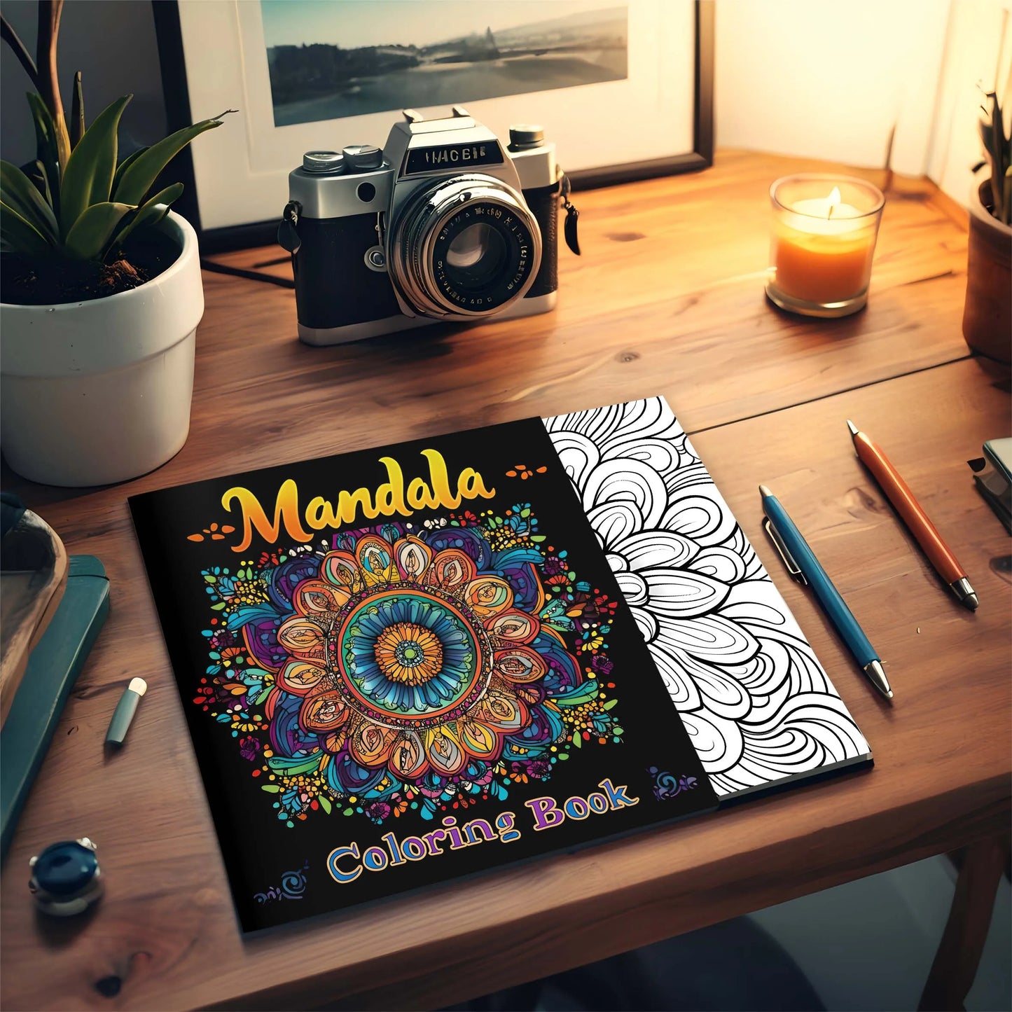 Coloring book titled 'Mandala Coloring Book' on a wooden desk with a camera, pen, and candle. Mandala coloring book for adults, stress relief, relaxation, creative color practice, perfect birthday party gift, UK FTF Market.