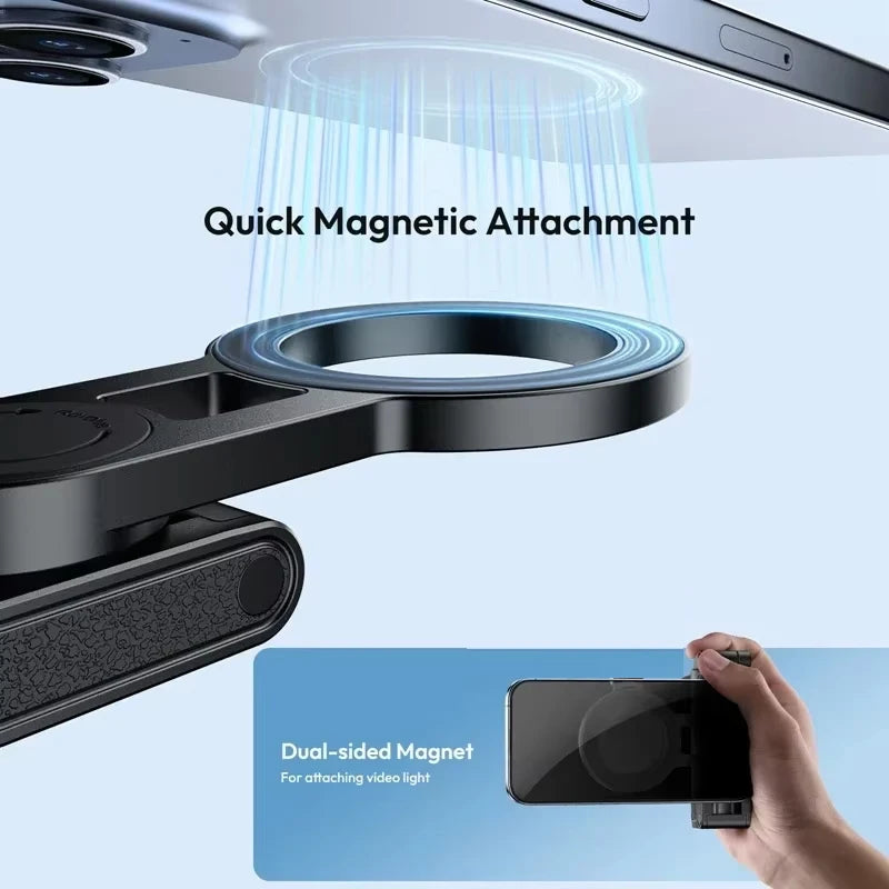 Quick magnetic attachment system with dual-sided magnet for video light attachment on a smartphone. Compact magnetic phone tripod with wireless remote grip for MagSafe iPhone and Android. Lightweight, extendable selfie stick tripod for perfect shots.