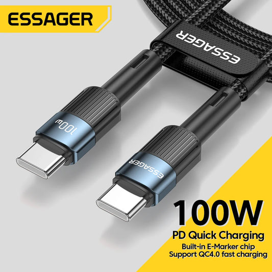 Essager 100W USB C to USB C Cable – PD fast charging, Quick Charge 4.0, rapid data transfer. Compatible with MacBook, Samsung, Xiaomi. Durable nylon-braided design for long-lasting performance. Available on FTFmarket.net, fast delivery in the UK. Stay powered with FTF Fashion.