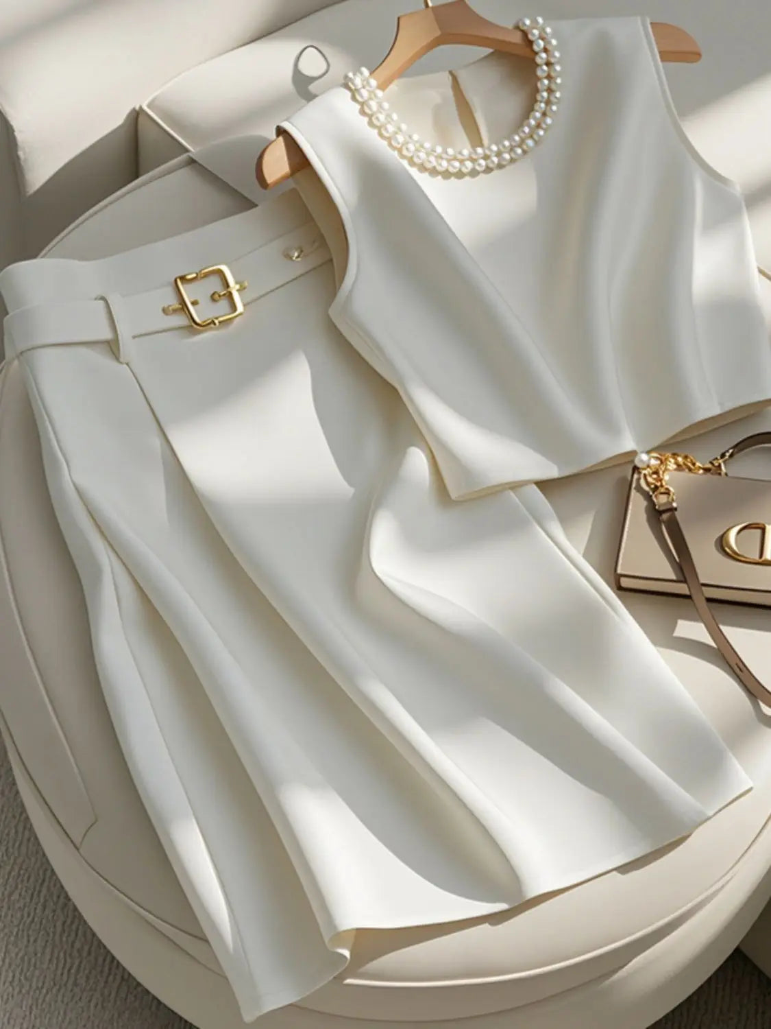 White outfit with a gold belt and handbag on a white surface. Women’s high-end two-piece set with sleeveless O-neck crop top and mid-calf A-line skirt. Elegant, minimalist office suit, beaded detail, UK fashion.
