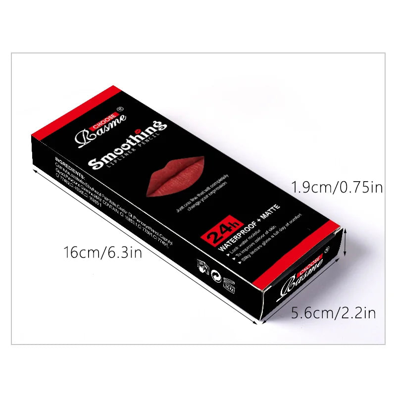 Lipstick packaging with dimensions labeled on a white background. 12 pcs UK matte lipstick and liner set—velvet, long-lasting, vibrant, professional cosmetic gift for women, Valentine’s, travel beauty kit.