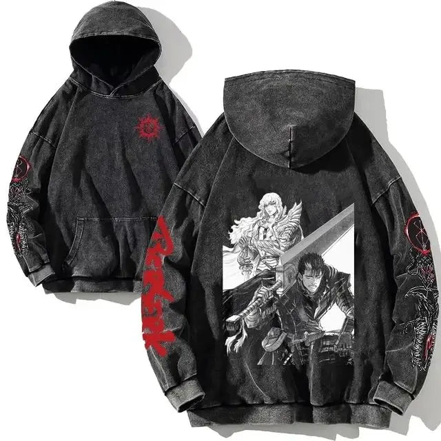 Anime hoodie plus size, gothic Harajuku, manga sweatshirt, washed denim, hip hop vintage, black pullover, Y2K streetwear.