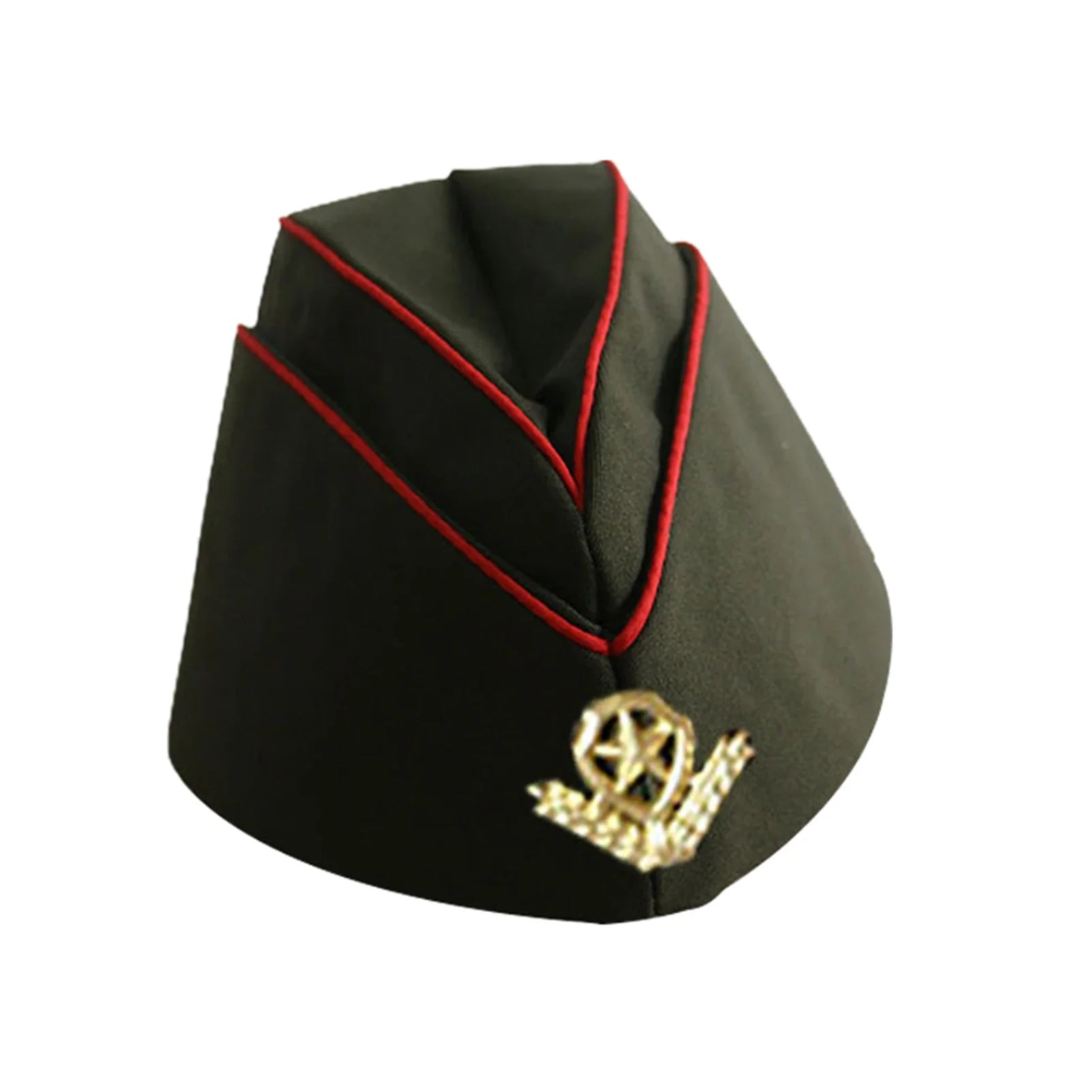 Green military cap with red trim and gold emblem on a white background