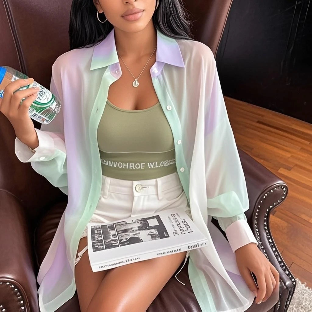 Rainbow striped sheer blouse in green – lightweight long sleeve women's blouse, sizes S to XXXL