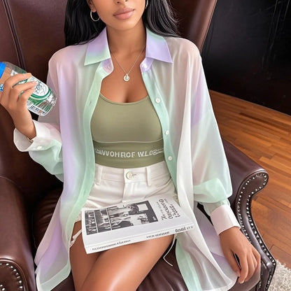 Rainbow striped sheer blouse in green – lightweight long sleeve women's blouse, sizes S to XXXL