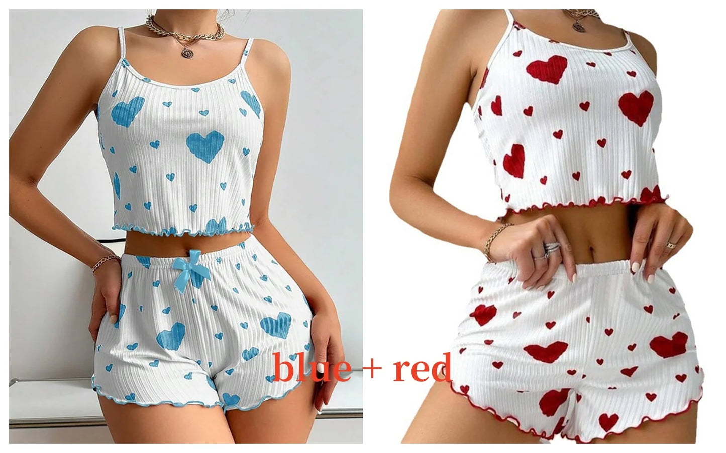Two outfits with heart patterns, one blue and one red, on a plain background. Soft women’s pajama set, 2 pieces white tank top and shorts, breathable fabric with love print, comfortable casual sleepwear, UK FTF Market.
