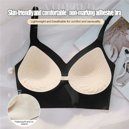 Black adhesive bra with beige lining on a white background, featuring text about its features.