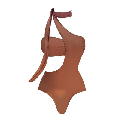 Brown one-piece swimsuit with a unique design on a white background. Women’s 2-piece deep V swimsuit with long skirt, adjustable straps, solid color, beachwear, comfortable polyester/spandex fabric, flattering fit.