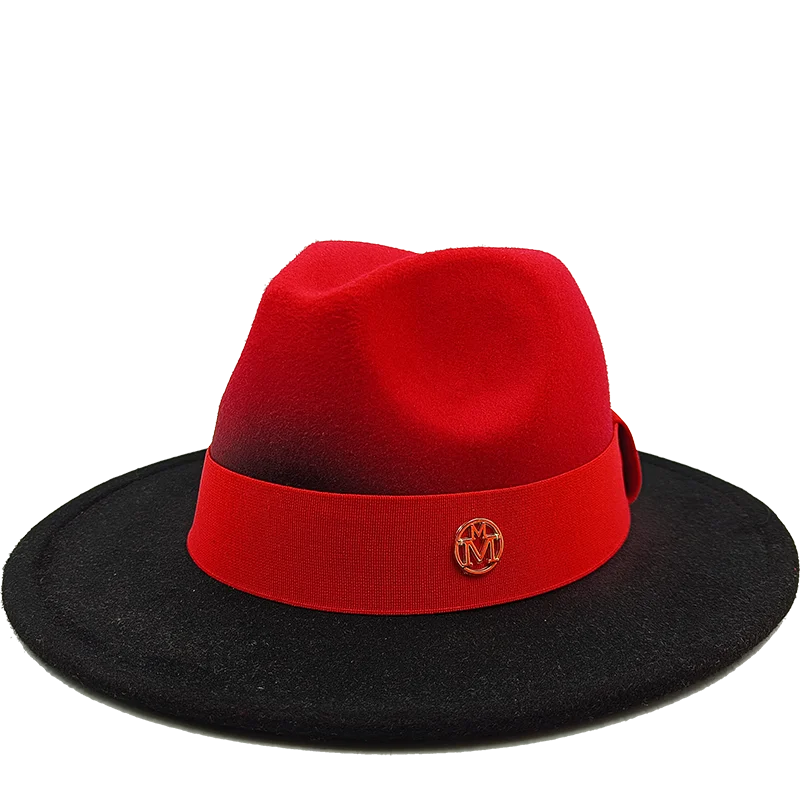 Red and black hat with a logo on a white background. Unisex double fedora hat, dual color gradient tie-dye, casual jazz style, cotton-polyester mix, suitable for outdoor autumn and spring.
