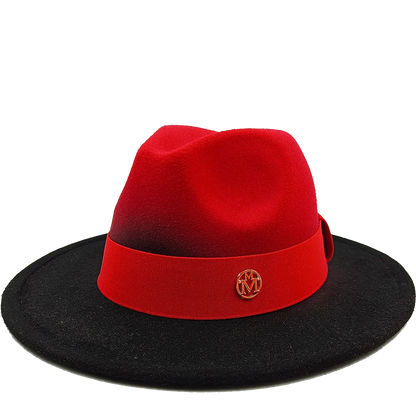 Red and black hat with a logo on a white background. Unisex double fedora hat, dual color gradient tie-dye, casual jazz style, cotton-polyester mix, suitable for outdoor autumn and spring.