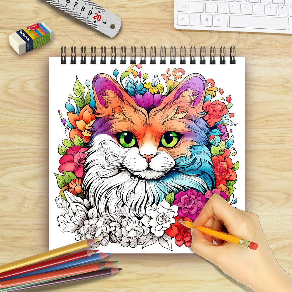 Coloring book with a colorful cat design on a wooden table with coloring supplies. Adult women's spiral coloring book with 30 sheets, 8.3x8.3 inches, ideal gift for birthday or holiday party, creative drawing, UK FTF Market.
