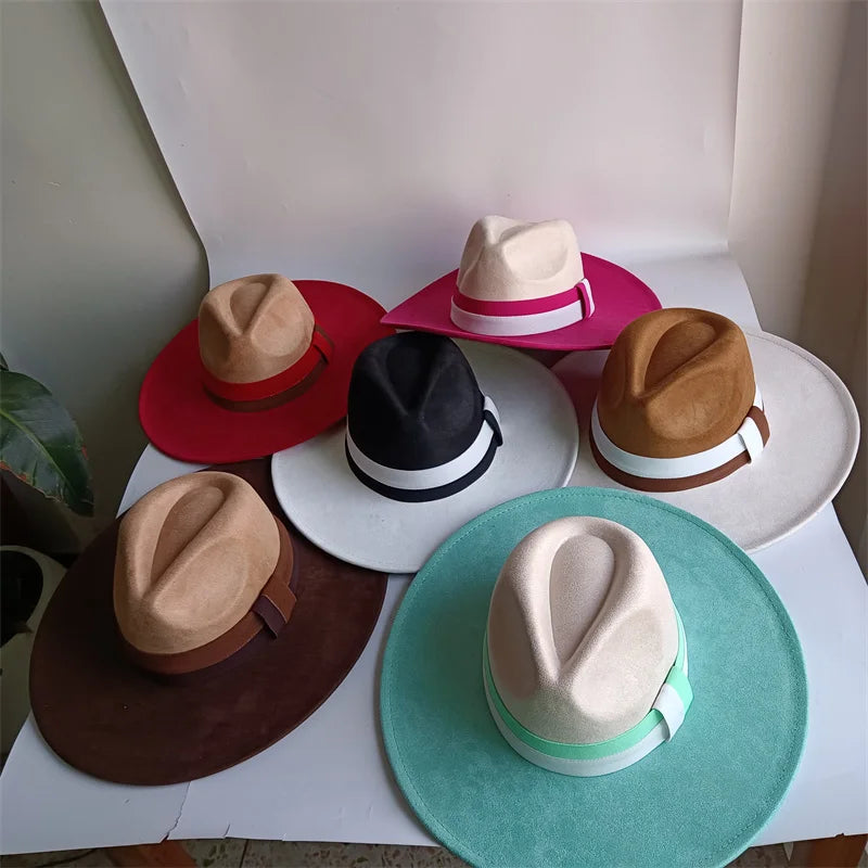 Collection of hats on colorful circular bases against a neutral background