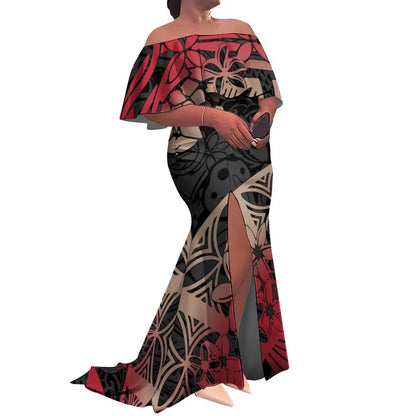 Woman wearing a colorful off-shoulder dress with geometric patterns on a white background