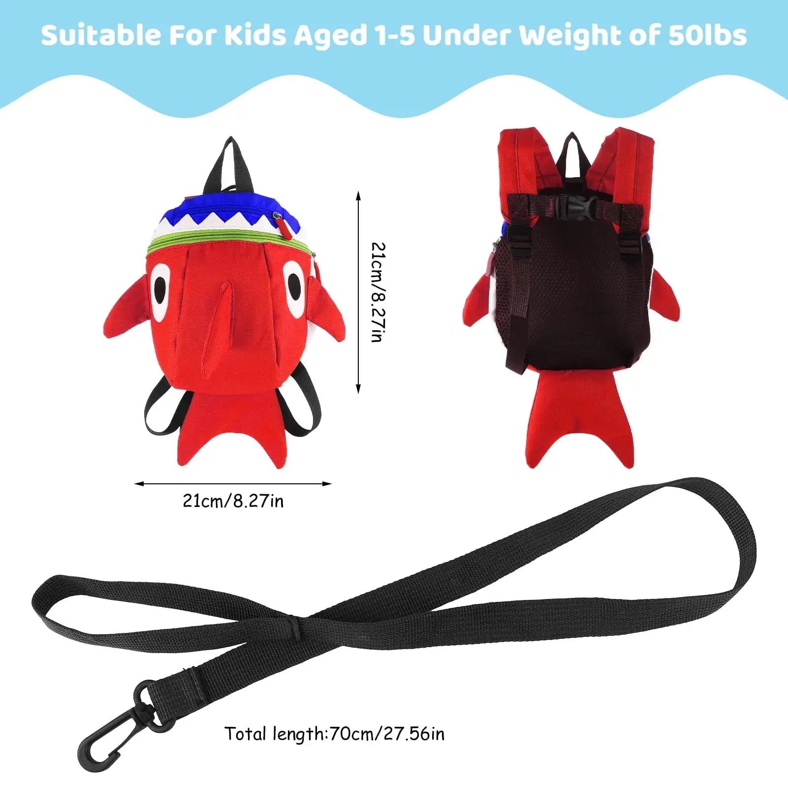 Colorful toddler backpack with attached safety leash for outdoor activities