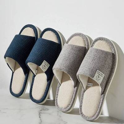 Unisex linen home slippers with breathable open-toe design and cushioned non-slip sole for indoor comfort at home.