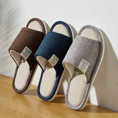 Unisex linen home slippers with breathable open-toe design and cushioned non-slip sole for indoor comfort at home.