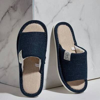 Blue unisex linen home slippers with breathable open-toe design and cushioned non-slip sole for indoor comfort at home.