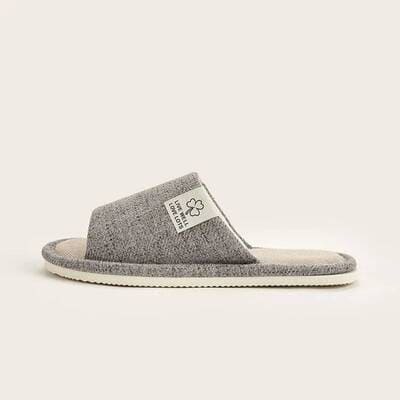 Gray unisex linen home slippers with breathable open-toe design and cushioned non-slip sole for indoor comfort at home.