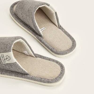 Gray unisex linen home slippers with breathable open-toe design and cushioned non-slip sole for indoor comfort at home.